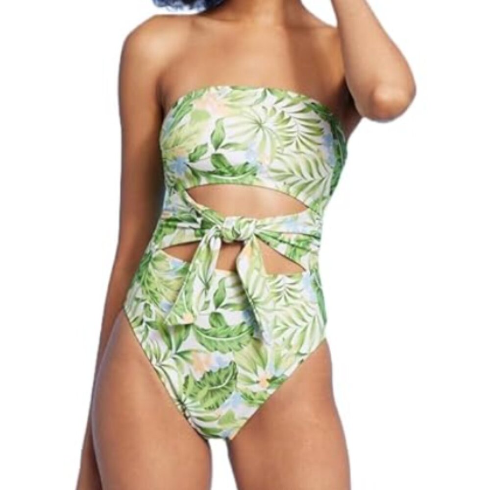 Shade & Shore Women's Bandeau Tie-Front Cutout One Piece Swimsuit Tropical Print - Picture 1 of 6